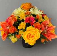 Cemetery pot with yellow & orange carnations